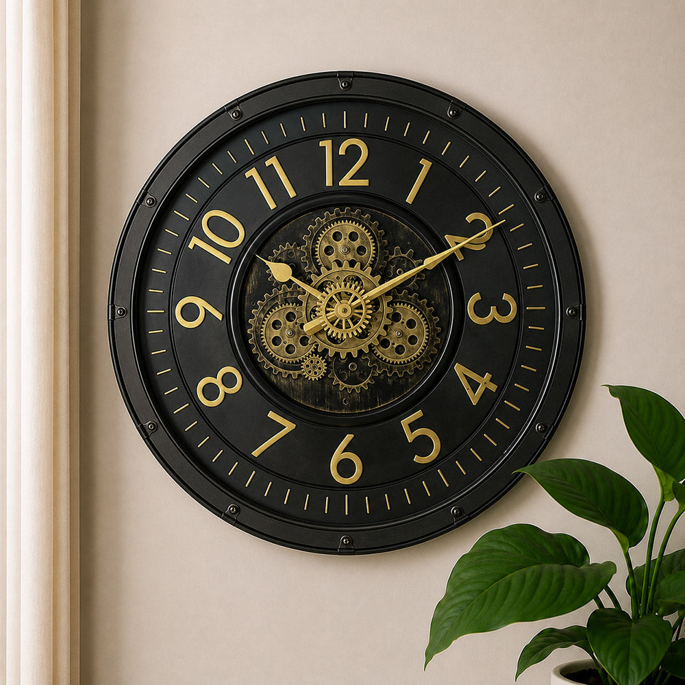 24-Inch Oversized Luxury Silent Wall Clock – Elegant Gold & Black Fiber Frame for Home and Office Décor