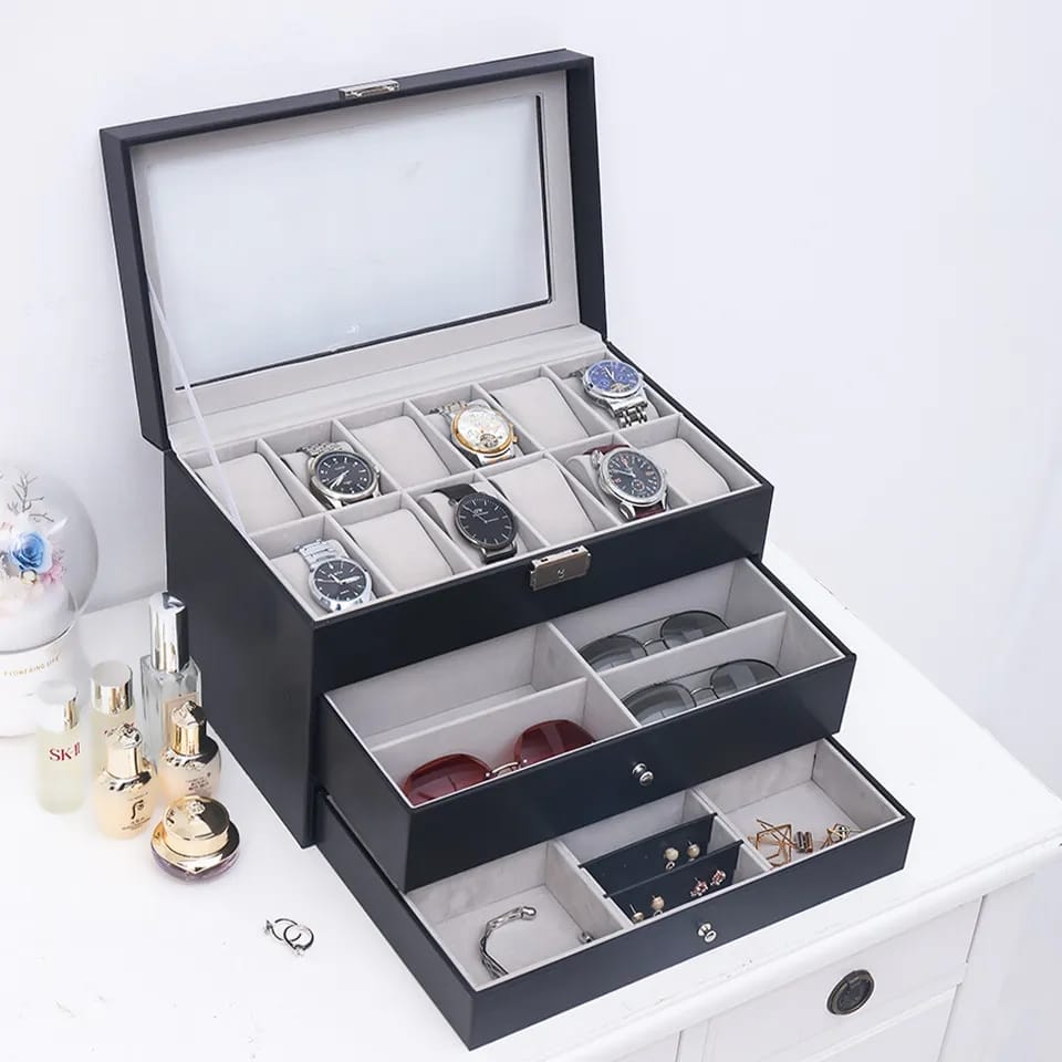 Three layer watch and sunglasses organizer in best quality leather material.