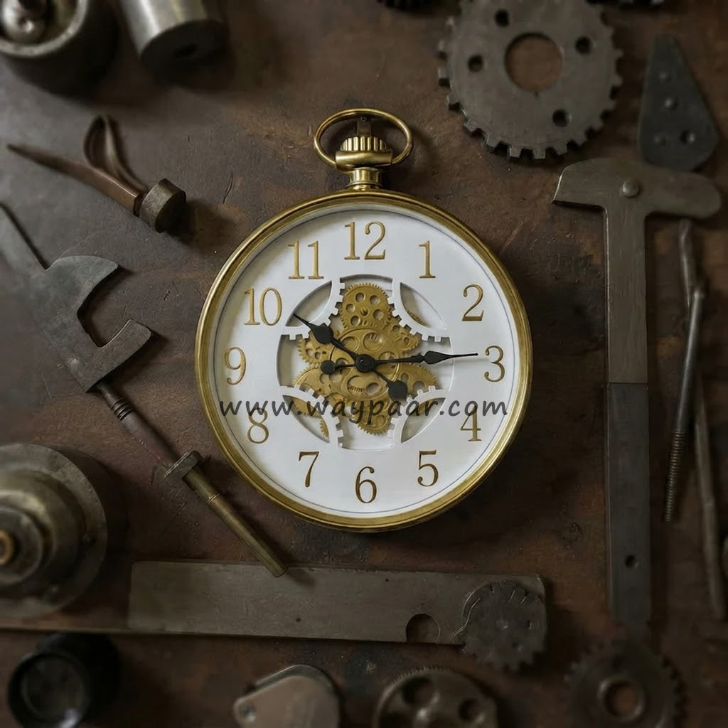 Vintage Antique Golden Wall Clock with Moving Gears