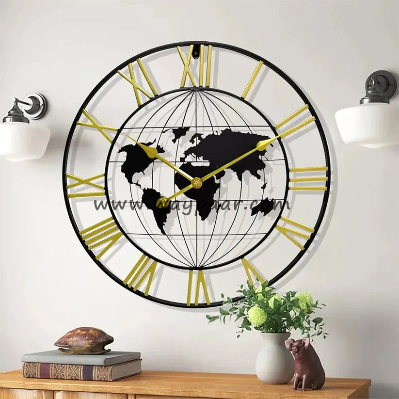 Large World Map Metal Wall Clock - Modern Silent Design (60cm)