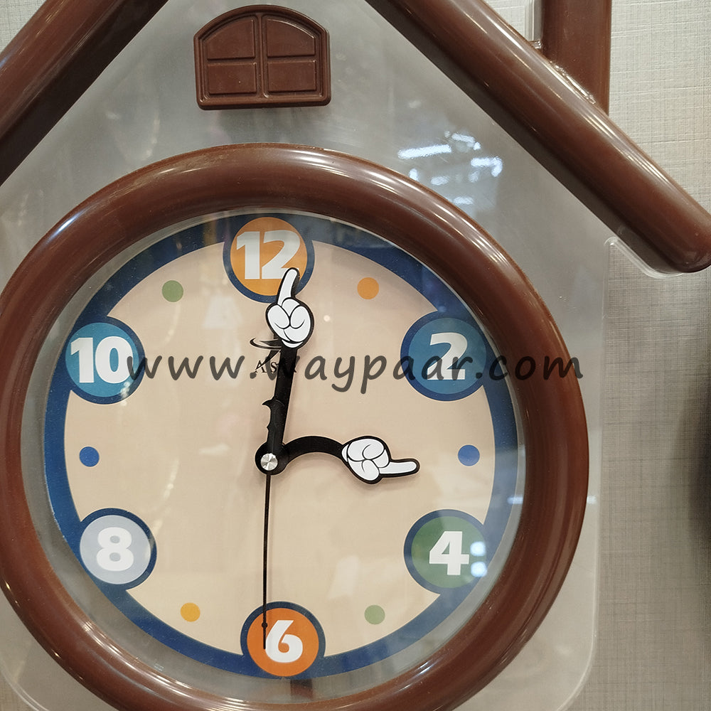 Cute House-Shaped Kids Wall Clock with Swinging Pendulum & Cartoon Hands