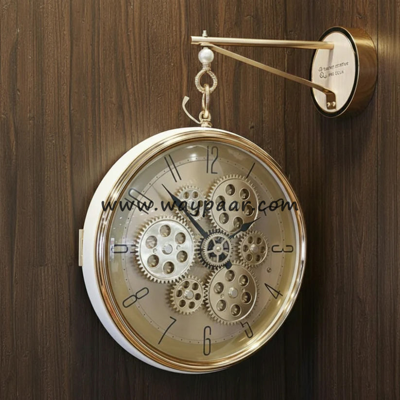 Premium Double-Sided Station Clock with Moving Gears – Vintage Wall Clock