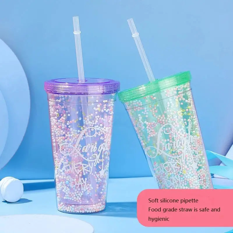 Rainbow color double layer plastic water bottle with straws Milk cup