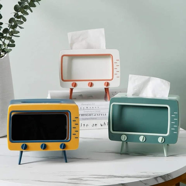 2 In 1 Tissue Box With Phone Stand Tv Appearance Creative Square Home Office Desktop Tissue Boxes Storage Organizer