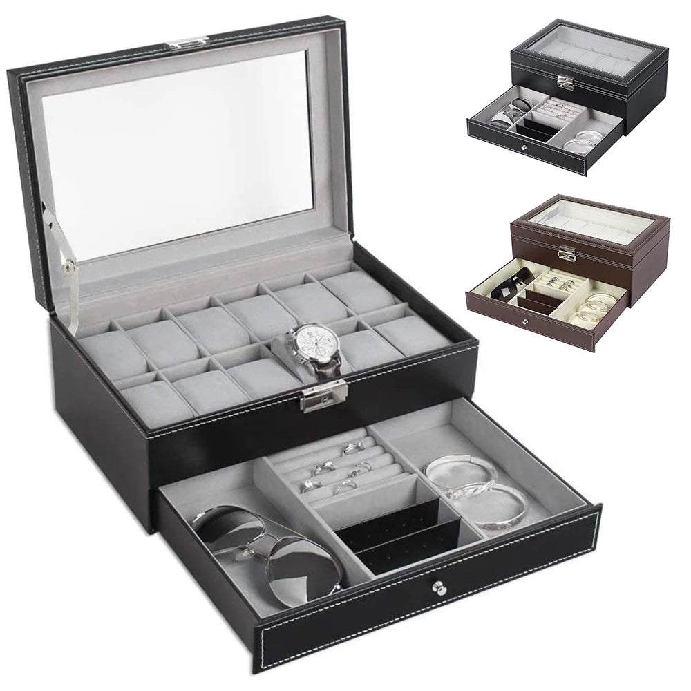Double Layer 12 Grid Watch organzier and jewellery Organizer in best quality leather material.
