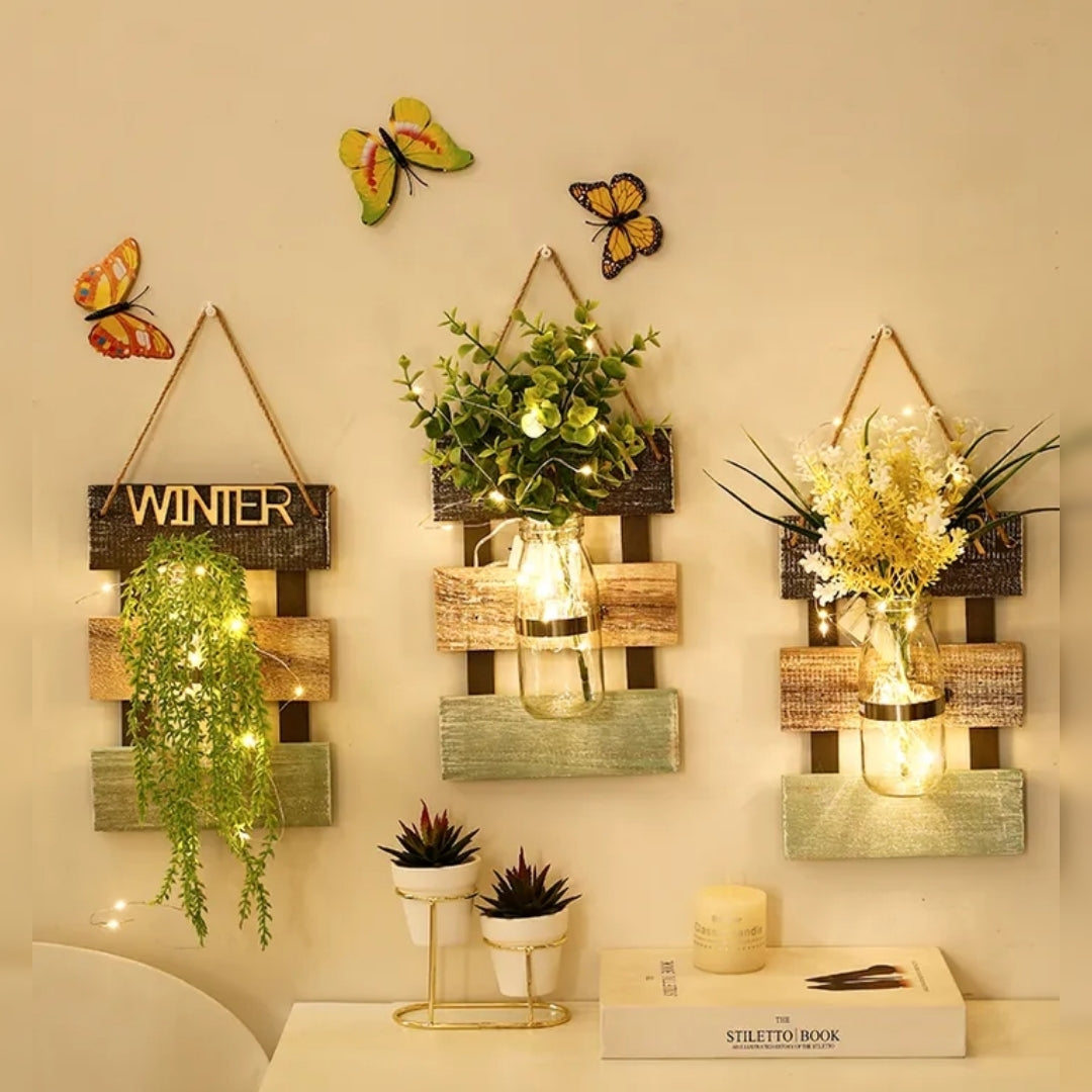 Led glass jar with flower arrangement in beautiful look wooden hanging.