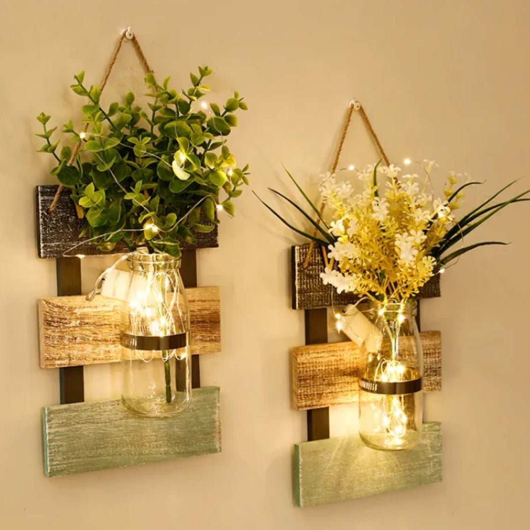 Led glass jar with flower arrangement in beautiful look wooden hanging.