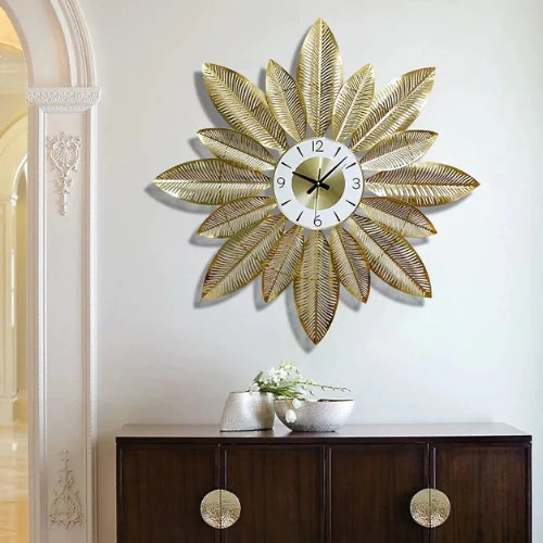 Premium Golden Leaves Metal Wall Clock (20-Inch)