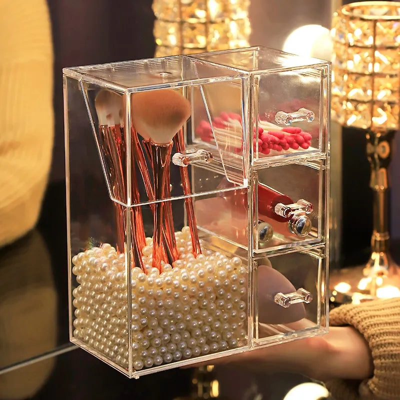 Acrylic Pearls Makeup Brush Organizer With Drawer