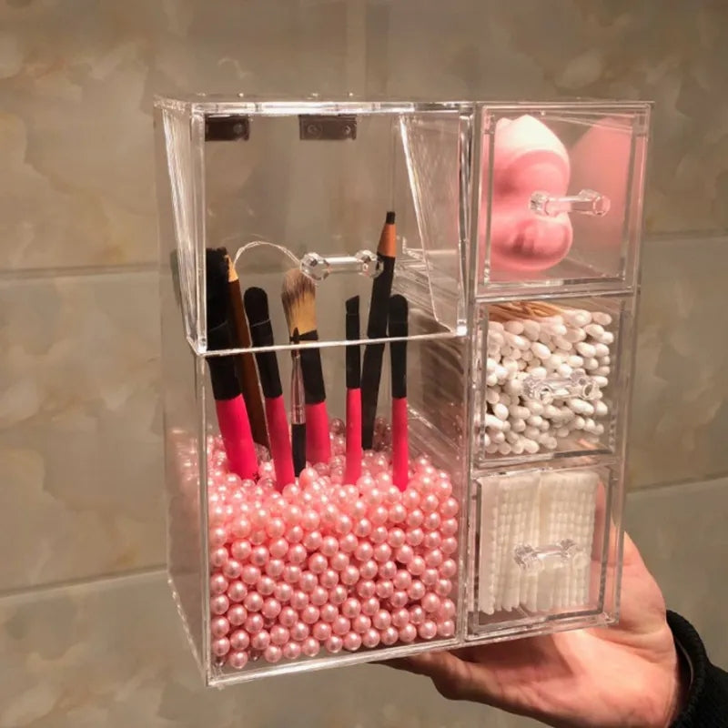 Acrylic Pearls Makeup Brush Organizer With Drawer