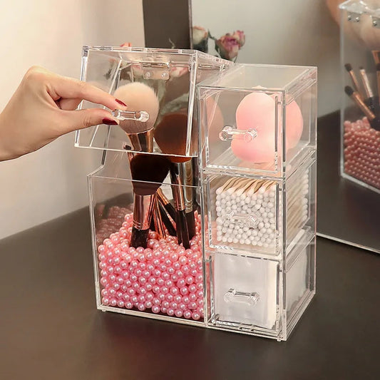 Acrylic Pearls Makeup Brush Organizer With Drawer