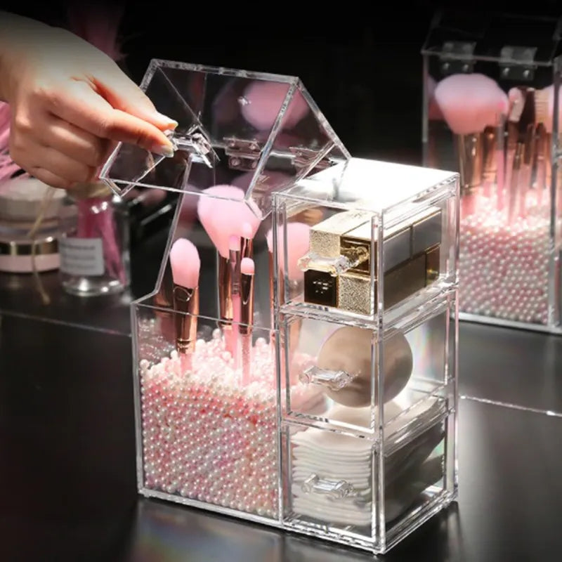 Acrylic Pearls Makeup Brush Organizer With Drawer