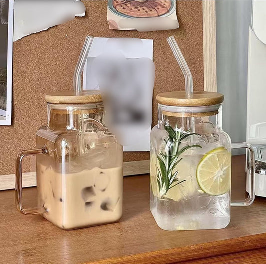 620ml Square Coffee Glass with Bamboo Lid & Straw