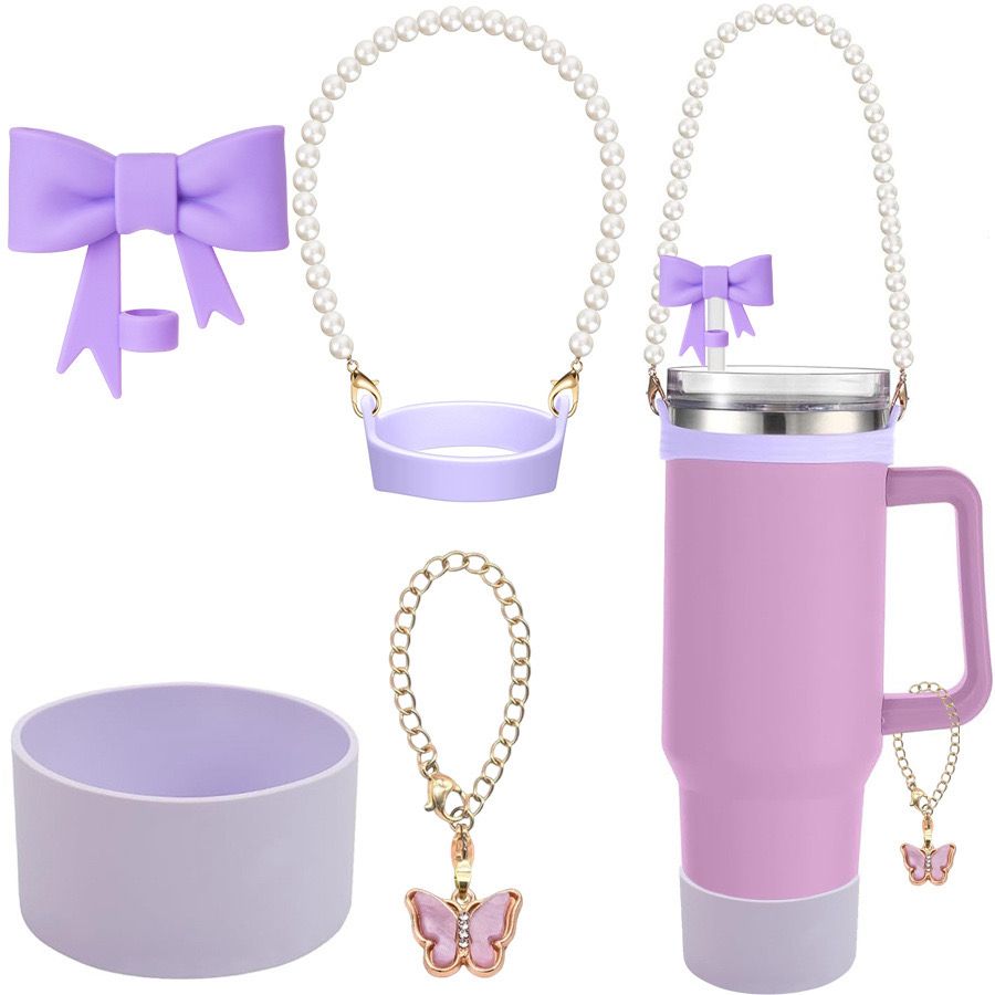 4 Pcs Accessories of Tumbler Mug Straw Cover, Butterfly Keychain, Pearl Handle & Silicone Protection Cover