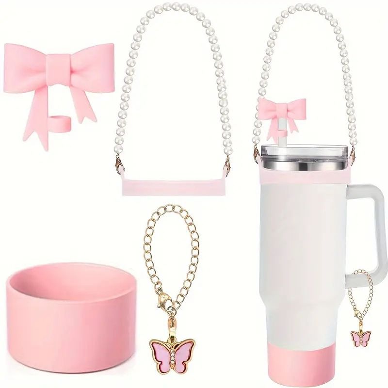 4 Pcs Accessories of Tumbler Mug Straw Cover, Butterfly Keychain, Pearl Handle & Silicone Protection Cover