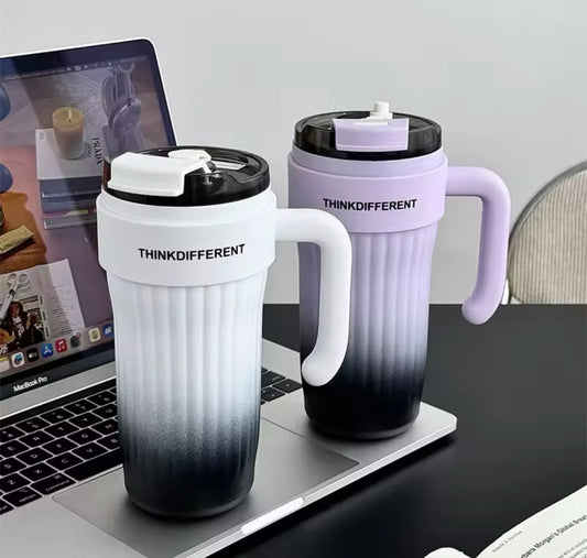 860ml Gradient Colour Stainless Steel Coffee Mug with Straw