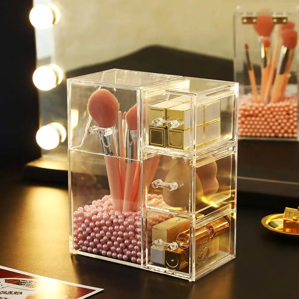 Acrylic Pearls Makeup Brush Organizer With Drawer
