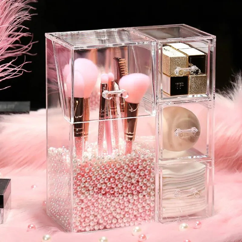 Acrylic Pearls Makeup Brush Organizer With Drawer