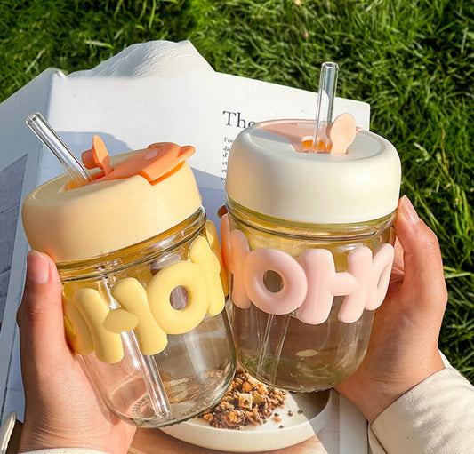 350ml Cute Cup Glass with Lid Straw Double Drinking Glass