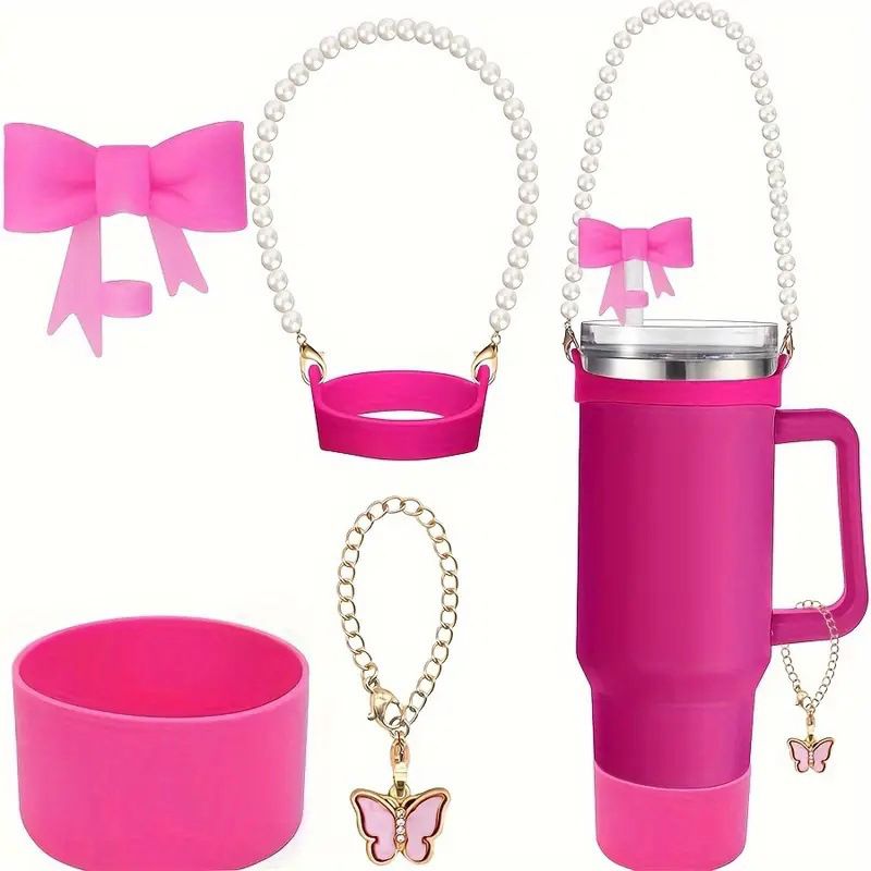 4 Pcs Accessories of Tumbler Mug Straw Cover, Butterfly Keychain, Pearl Handle & Silicone Protection Cover