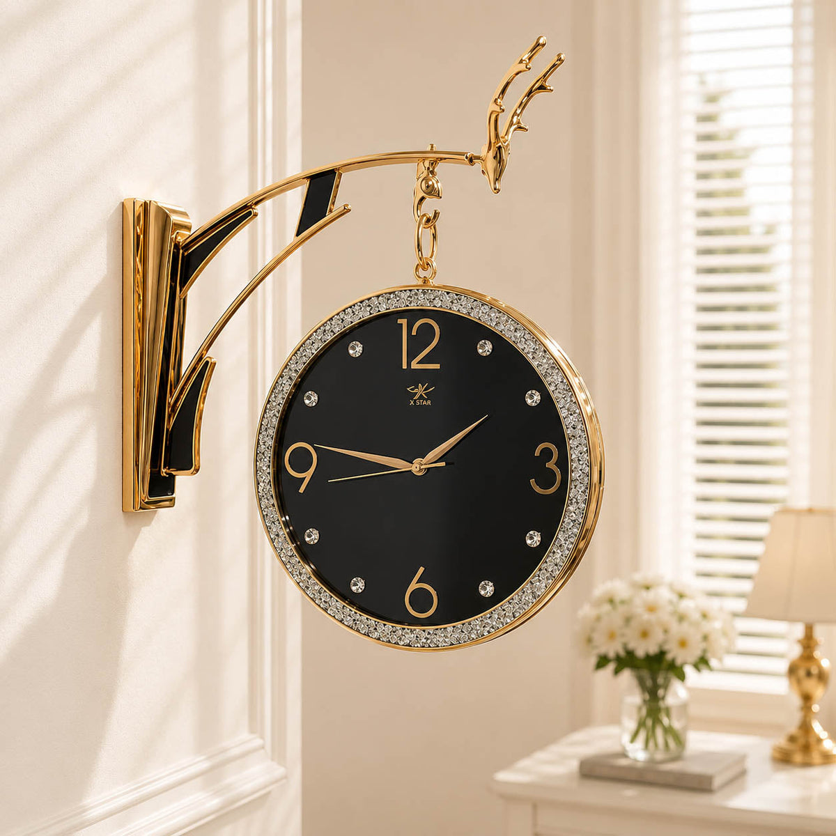 Dual-Sided Station Wall Clock with Two-Tone Border and Crystal Accents