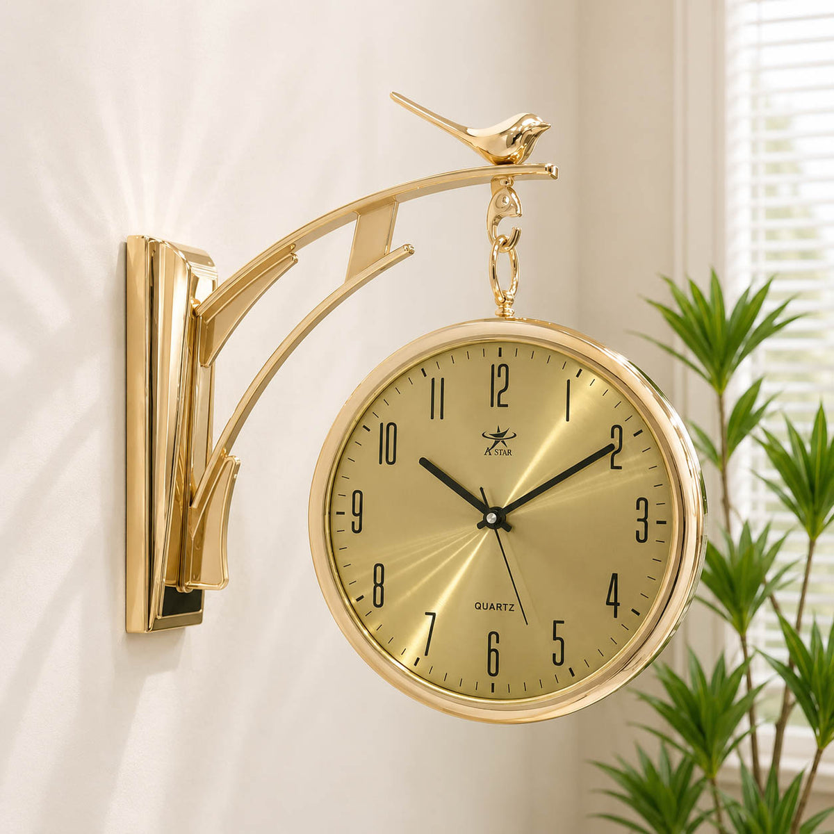 Dual-Sided Golden Bird Station Wall Clock | 12-Inch Luxury Decor