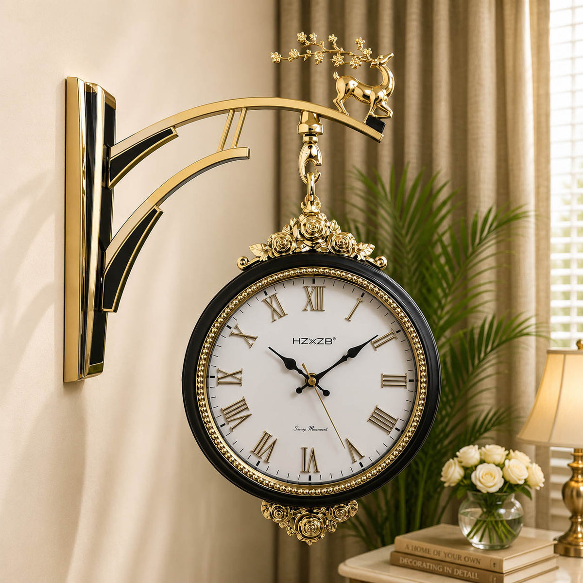 Dual-Sided Deer Theme Station Wall Clock | 10-Inch Gold & White Decor