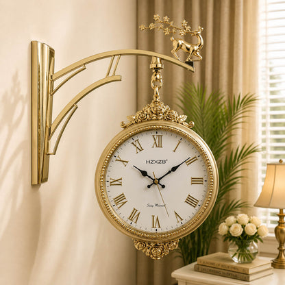 Dual-Sided Deer Theme Station Wall Clock | 10-Inch Gold & White Decor