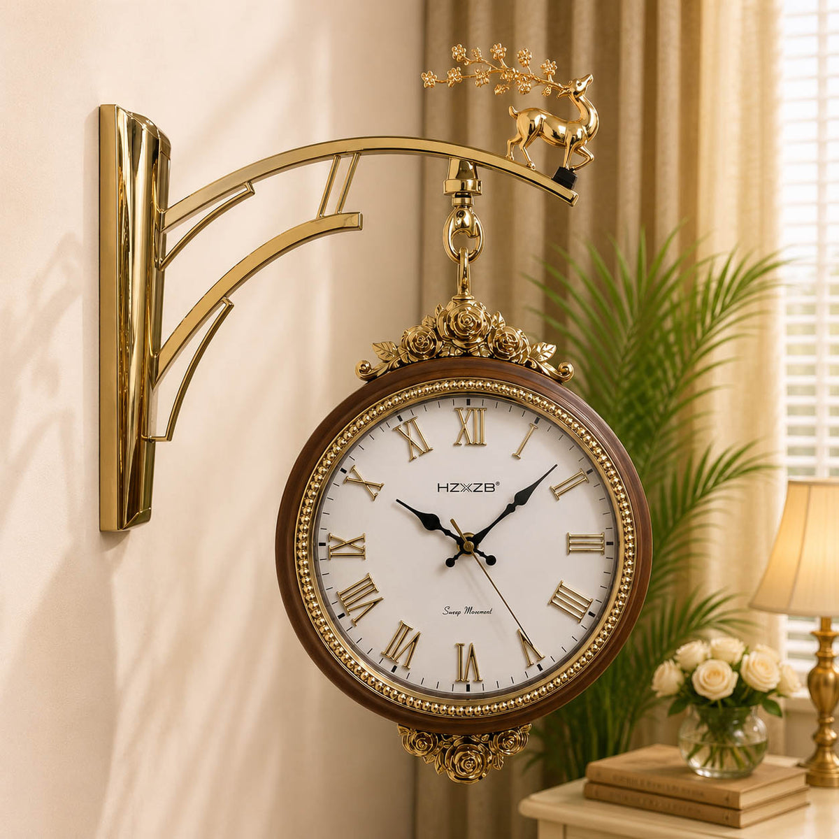 Dual-Sided Deer Theme Station Wall Clock | 10-Inch Gold & White Decor