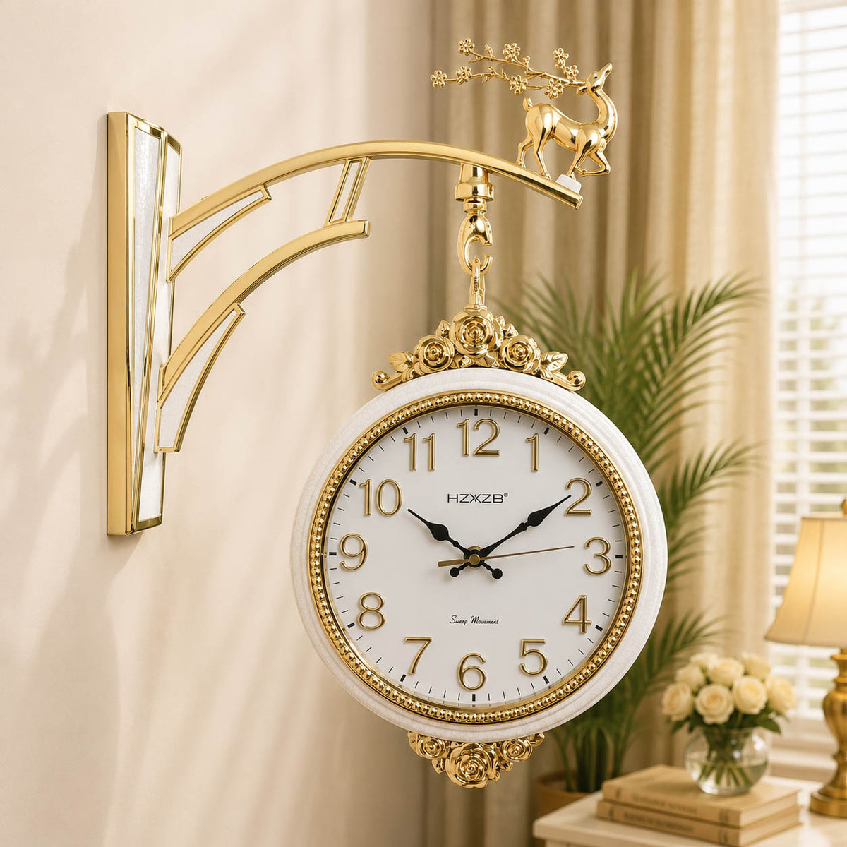 Dual-Sided Deer Theme Station Wall Clock | 10-Inch Gold & White Decor