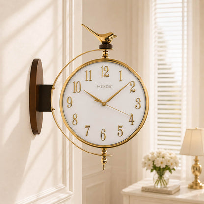 Dual-Sided Bird Station Clock with Luxury Gold, Black, White and Brown Finish