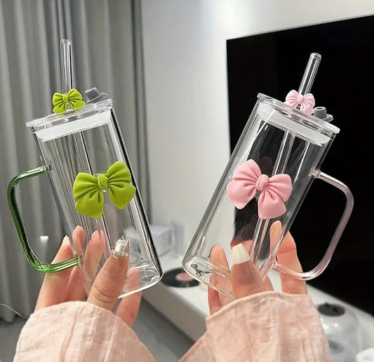 400ml Cute Bow Coffee Glass with Handle, Straw & Lid