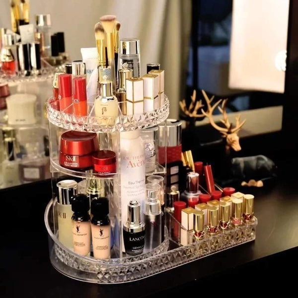 360 degree rotating cosmetic organizer with lipstick organizer tray