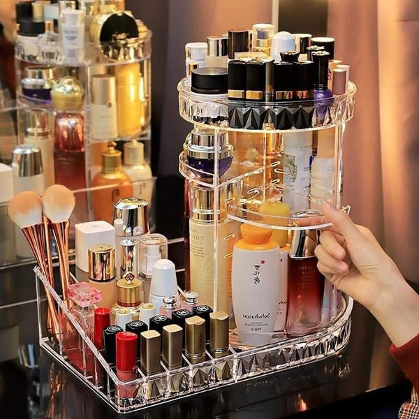 360 degree rotating cosmetic organizer with lipstick organizer tray