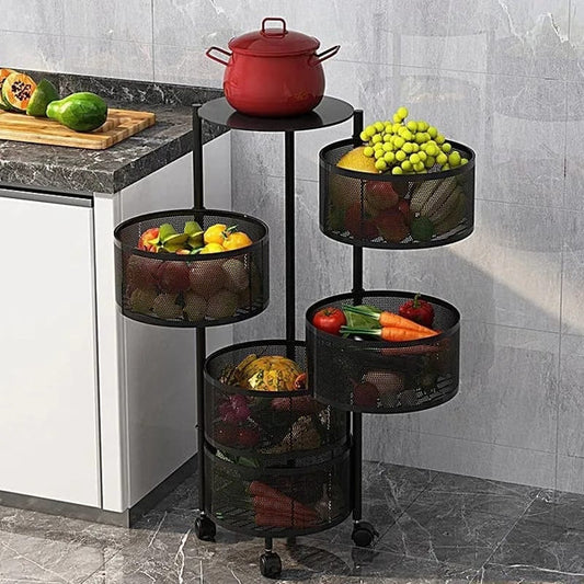Metallic body Round rotating kitchen organizer with wheels