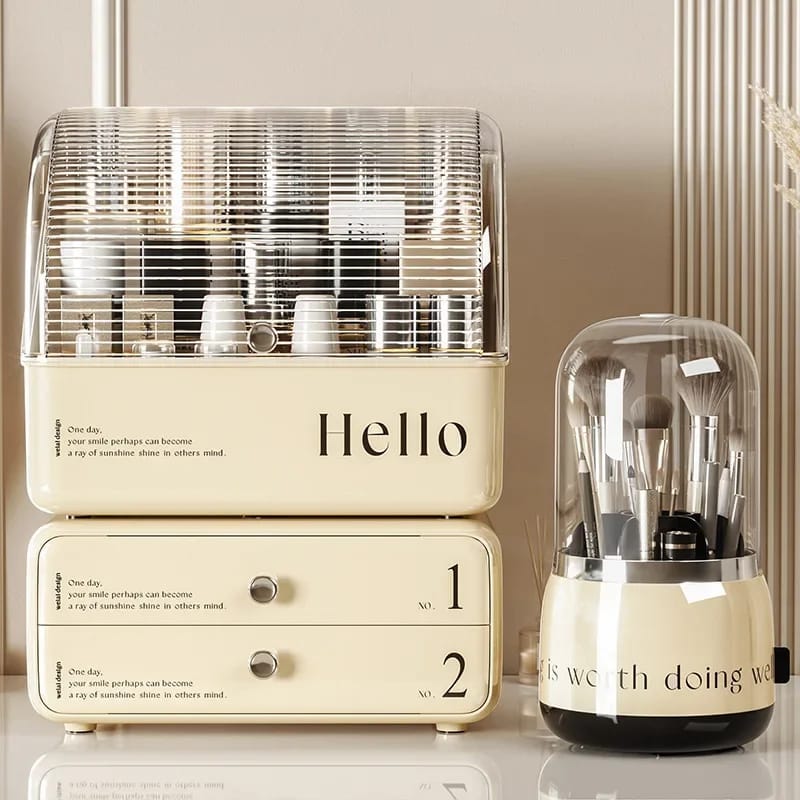 cosmetic organizer with dual shelves and brushes holder
