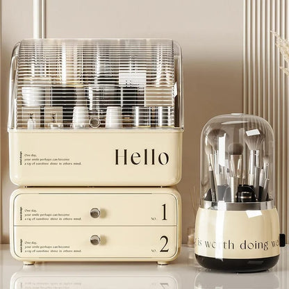 cosmetic organizer with dual shelves and brushes holder