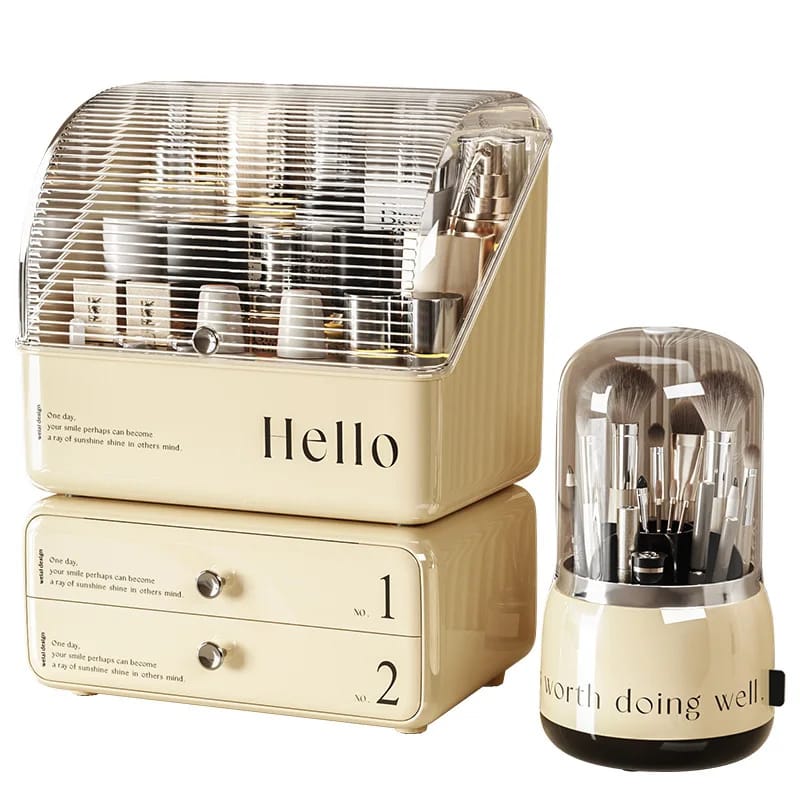 cosmetic organizer with dual shelves and brushes holder
