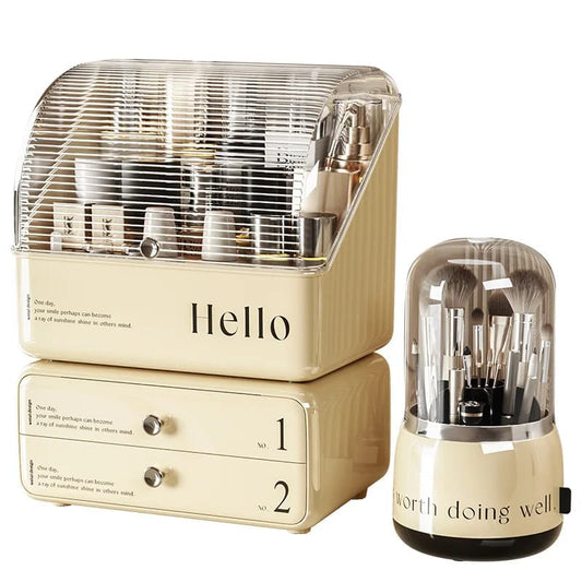 cosmetic organizer with dual shelves and brushes holder