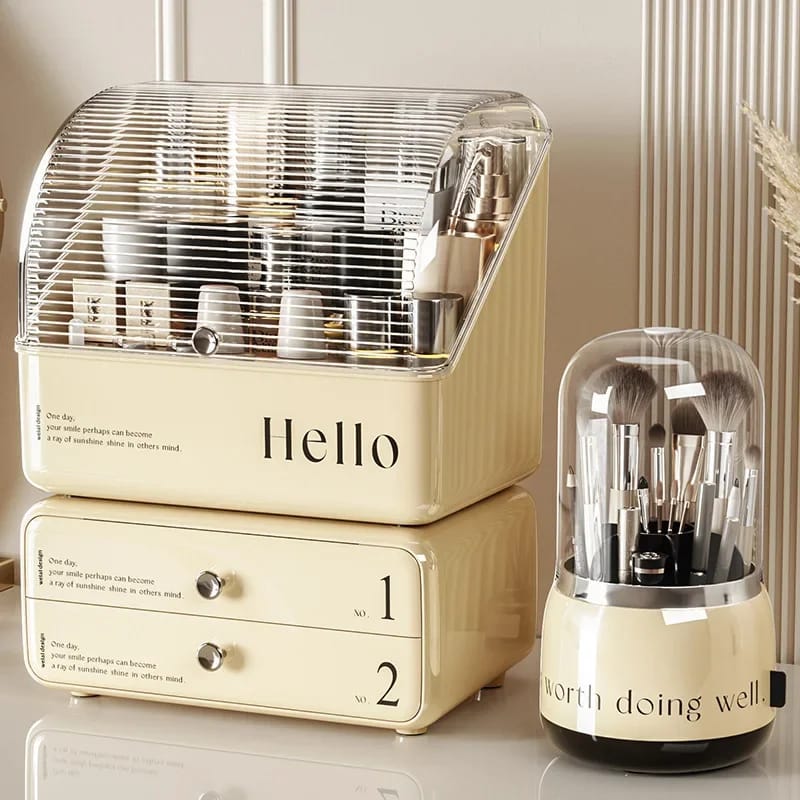 cosmetic organizer with dual shelves and brushes holder