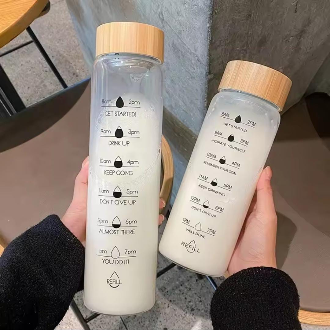Motivational Glass Water Bottle with Wooden Lid