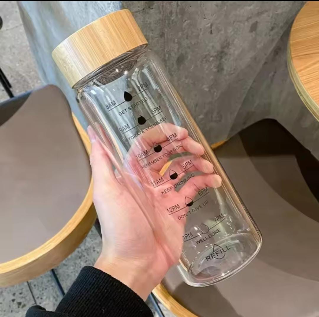 Motivational Glass Water Bottle with Wooden Lid