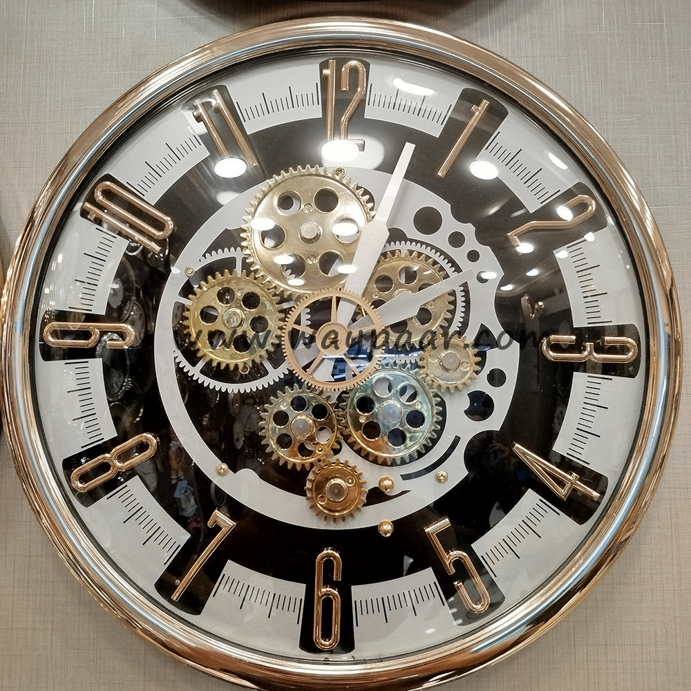 Premium 16-Inch Black and White Moving Gear Wall Clock | High-Quality Quartz