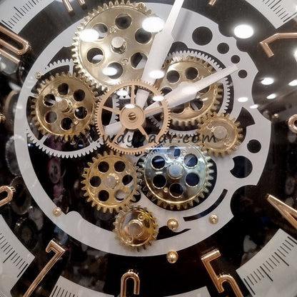Premium 16-Inch Black and White Moving Gear Wall Clock | High-Quality Quartz