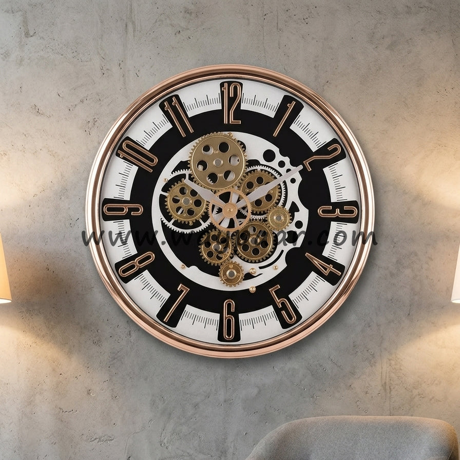 Premium 16-Inch Black and White Moving Gear Wall Clock | High-Quality Quartz