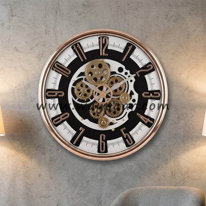 Premium 16-Inch Black and White Moving Gear Wall Clock | High-Quality Quartz