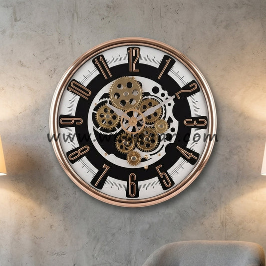 Premium 16-Inch Black and White Moving Gear Wall Clock | High-Quality Quartz