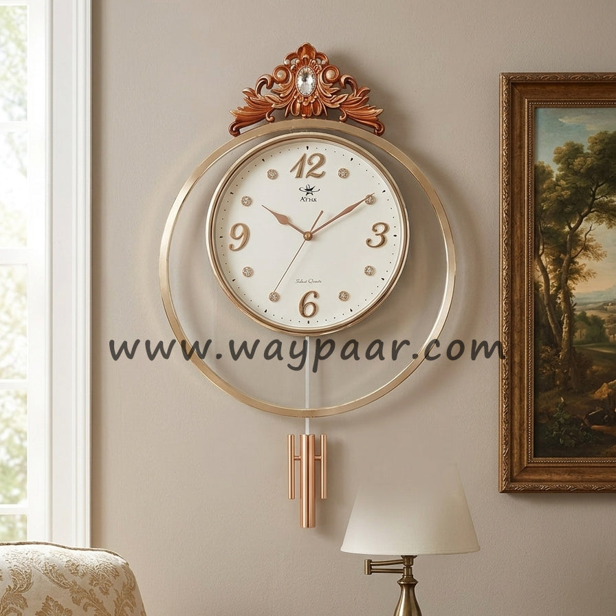 Luxury Rose Gold Pendulum Wall Clock | Elegant Vintage Carved Design
