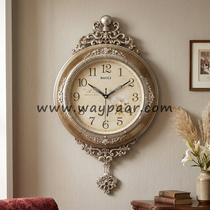 Vintage European Style Antique Gold Wall Clock with Moving Pendulum