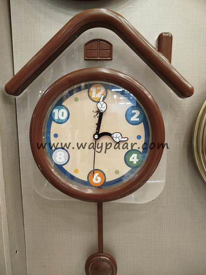 Cute House-Shaped Kids Wall Clock with Swinging Pendulum & Cartoon Hands